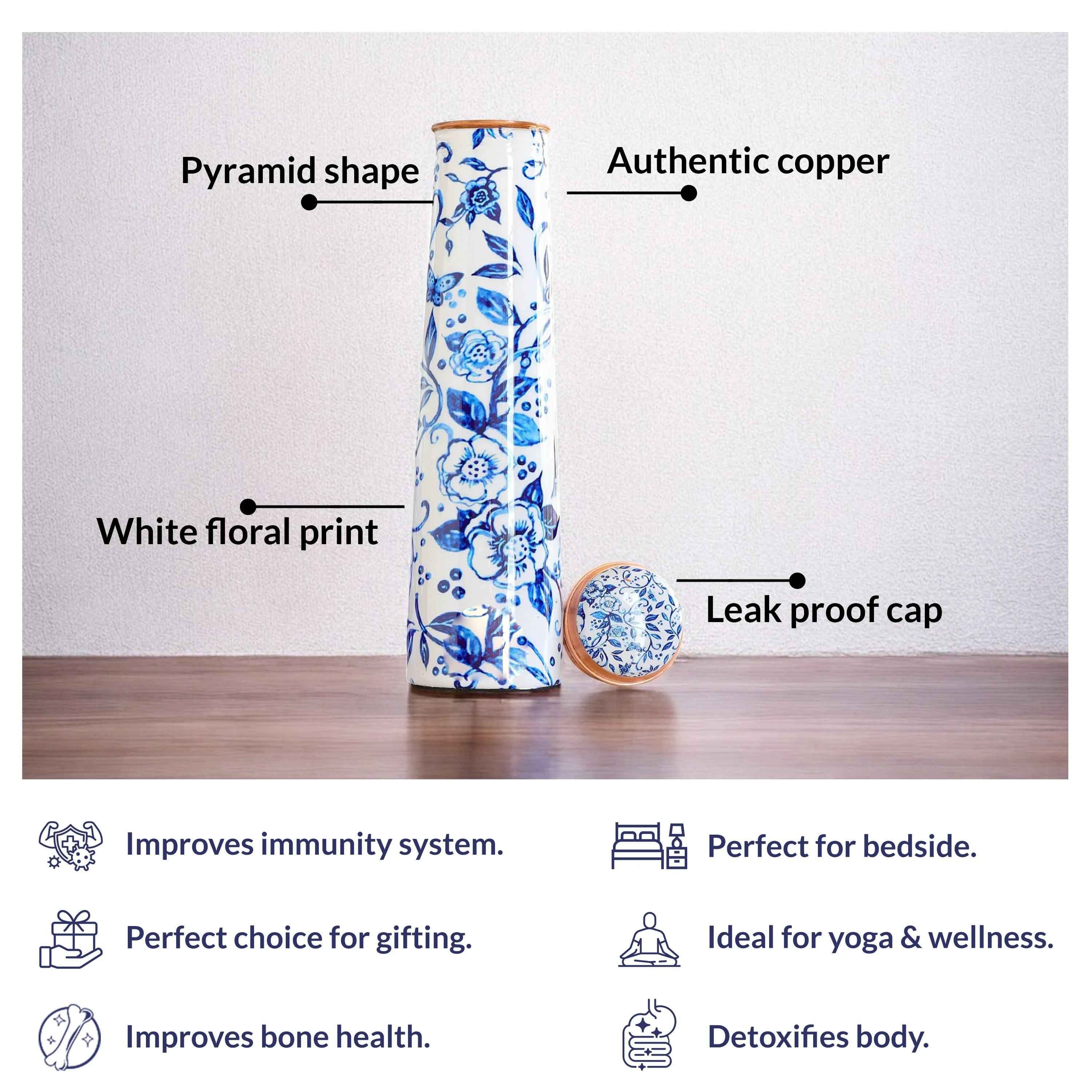 Pure copper bottle with slim tube pyramid shape white floral print - 750 ML 094